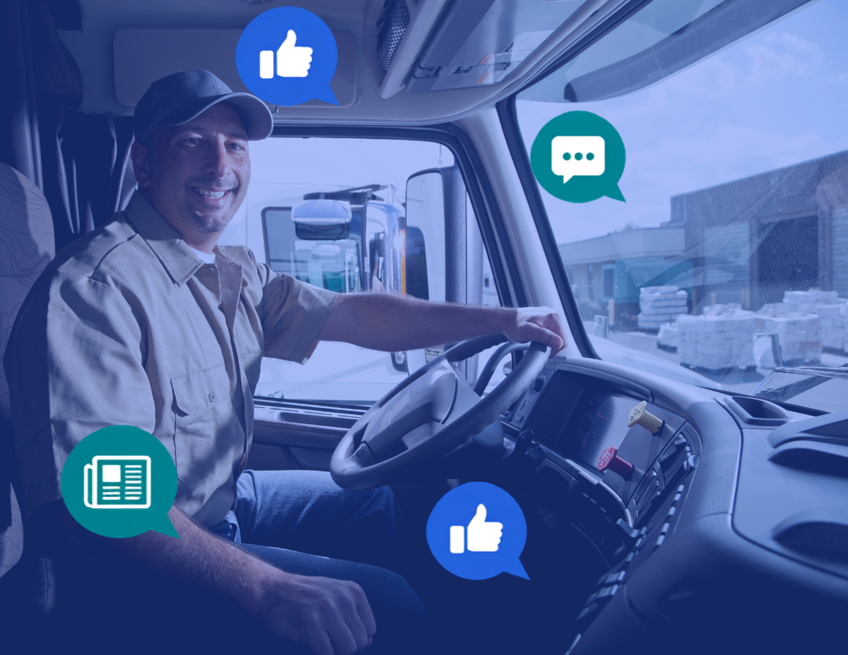 CDLLife Advertising — driver in truck cab with social engagement overlay